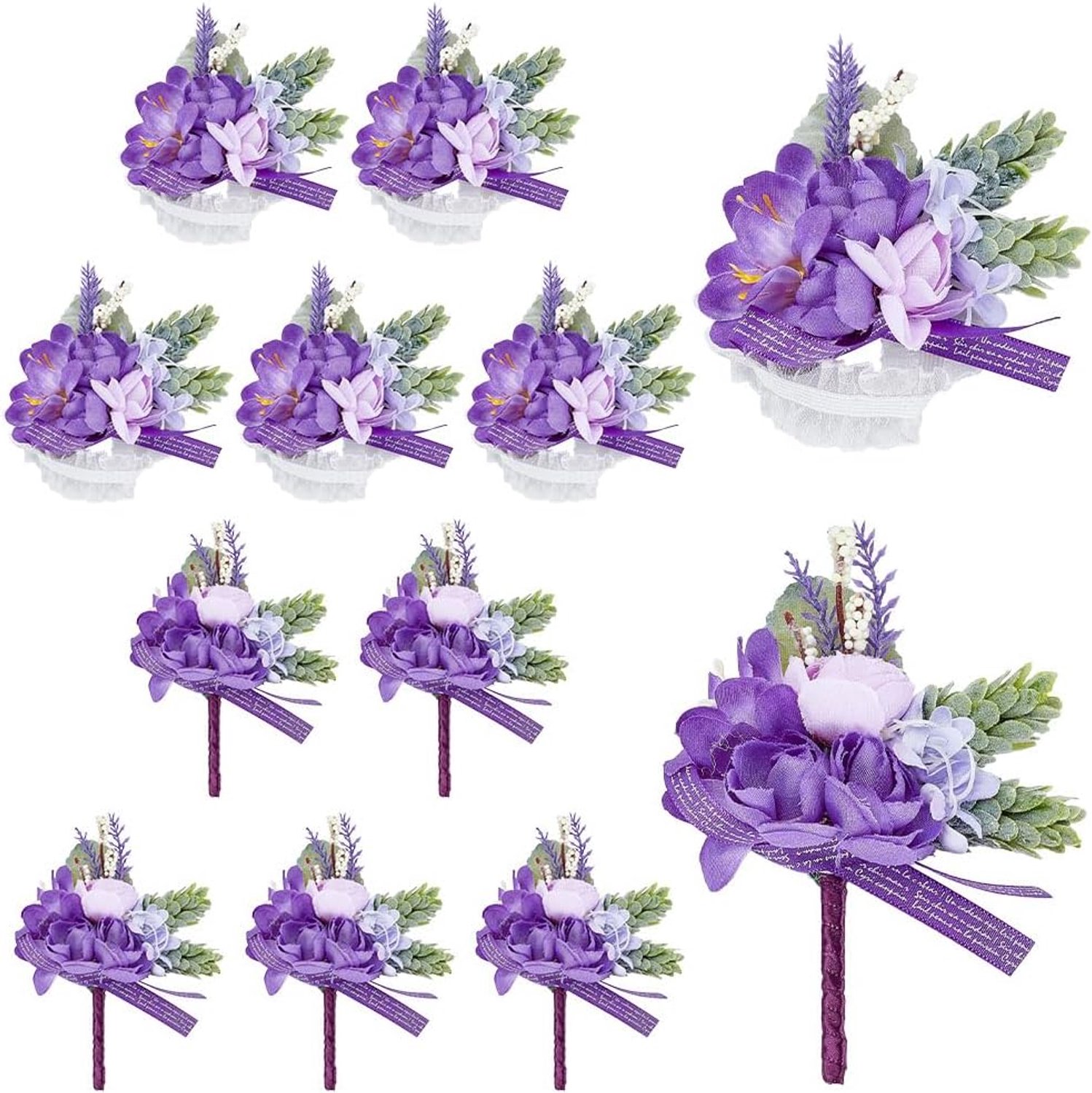 Corsage en boutonniere set - paarse kunstbloemen - 12 stuks - perfecte match voor bruiloft of feest - Luxento