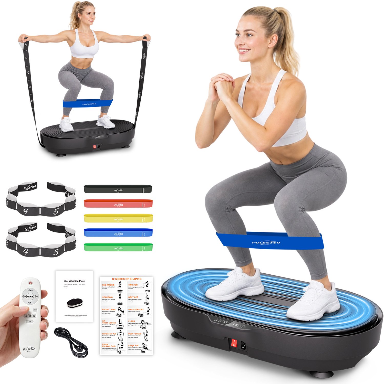 PULSE360 Trilplaat Thuis - Trilplaat fitness- 5 Programma's & 99 Snelheidsniveaus - Yoga Elastieken Banden - Max 299kg - Thuis Fitness - Zwart