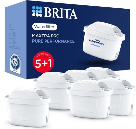 Een pak van 5+1 BRITA MAXTRA PRO Pure Performance waterfilters.