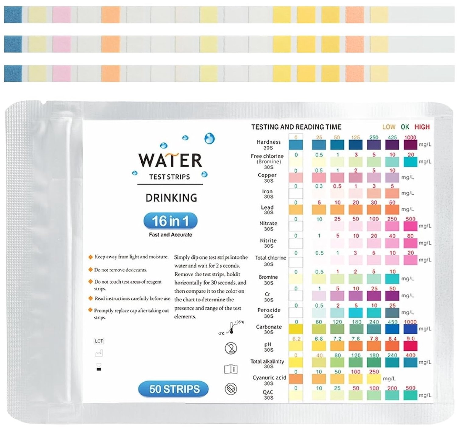 Teststrips voor Drinkwater - 16-in-1 Set met 50 Stuks voor pH, Hardheid en IJzer Metingen, Ideaal voor Kraanwater, Aquarium en Zwembad