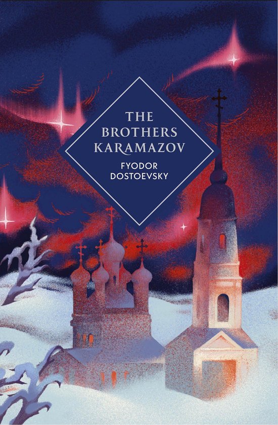 Boekomslag van De Gebroeders Karamazov door Fjodor Dostojevski, met een besneeuwd Russisch kerklandschap onder een rode hemel.