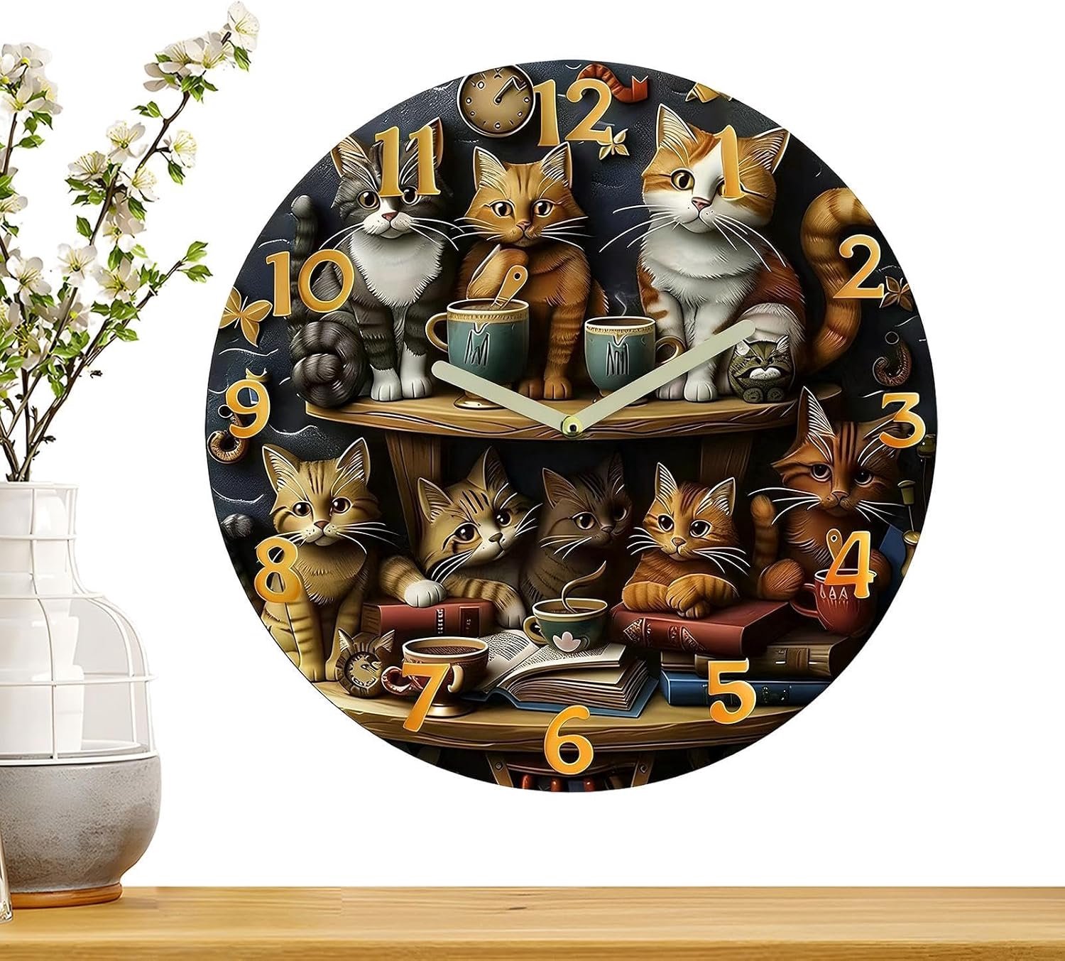 Katten Wandklok 30,48 cm geluidloos retro houten boekenplankdecoratie