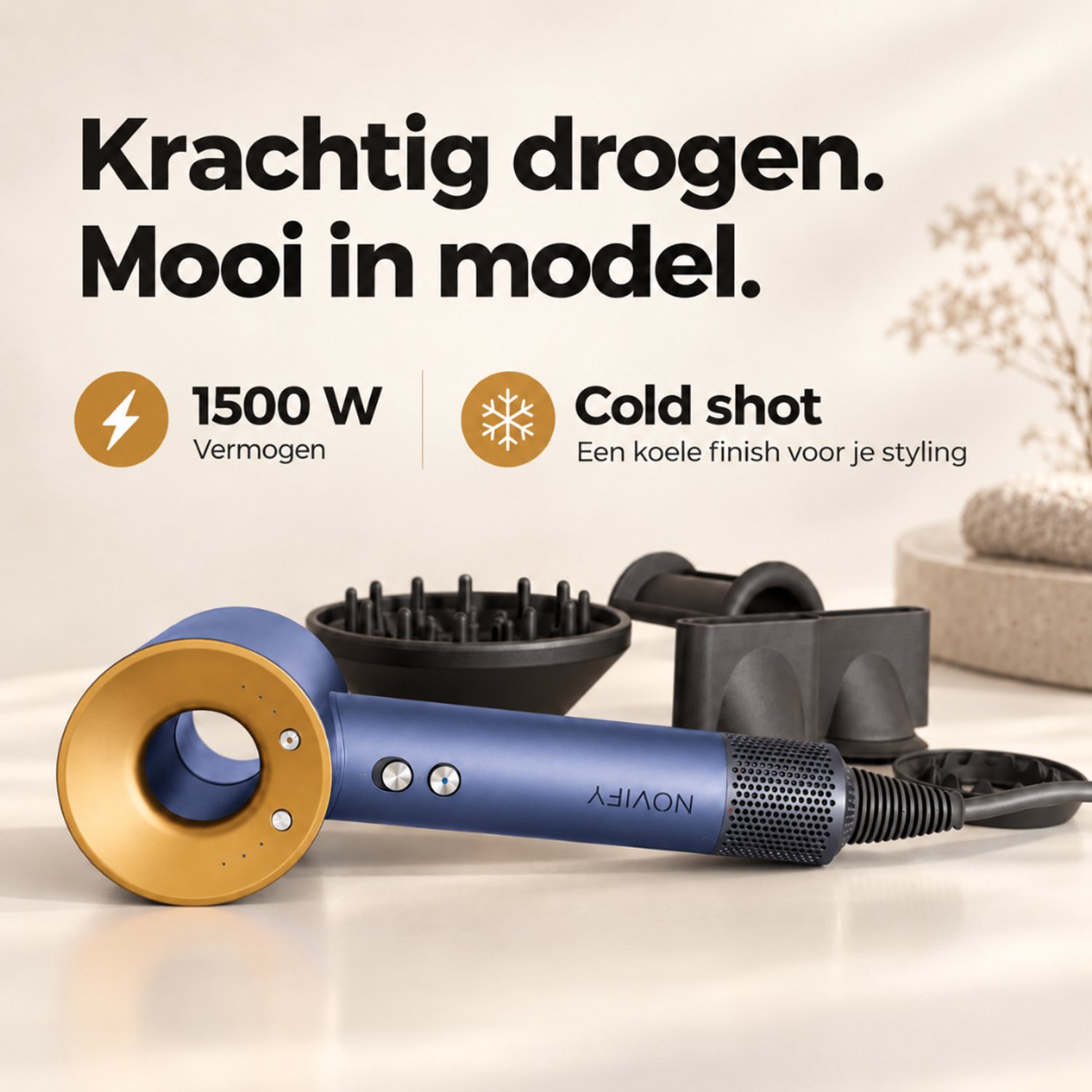 NOVIFY® Fohn - Fohnborstel - Haardroger met 5 opzetstukken - Fohn met Diffuser - 1500W - Midnight Gold - 2025 thumbnail 5