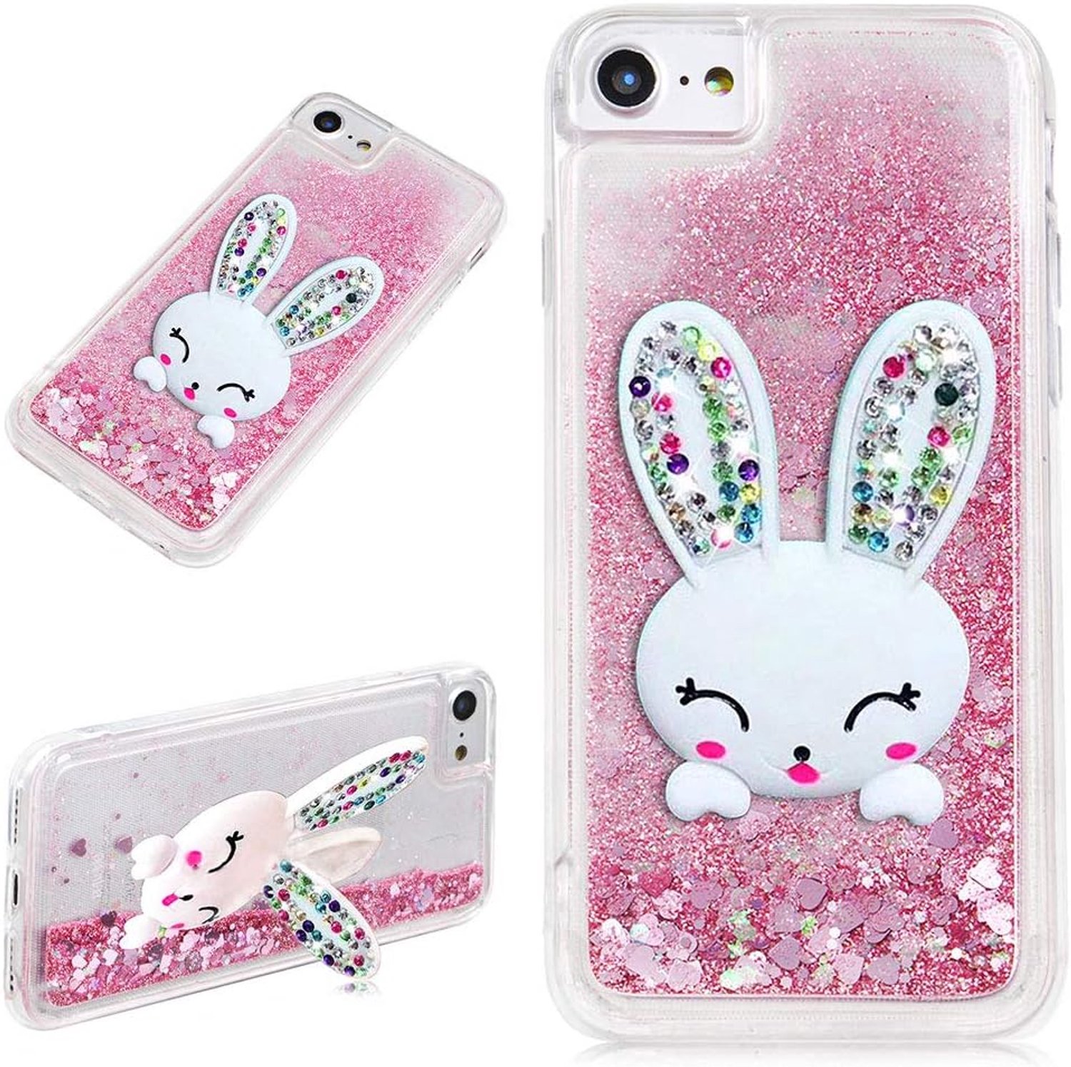 Beschermhoes voor Samsung Galaxy S9, konijnenoor, met vloeistof, pailletten, roze, glanzend, drijvend, zand, bling, schattig, 3D, konijn, bundel, staande functie, kristal siliconen, beschermhoes voor dames
