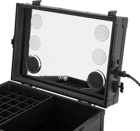 Opvouwbare cosmeticakoffer, met tafel, drievoudige zekering, 1 groot vak, 3 laden, cosmeticakoffer, trolley met lichtspiegel, beauty-trolley met wielen (zwart) — afbeelding 4