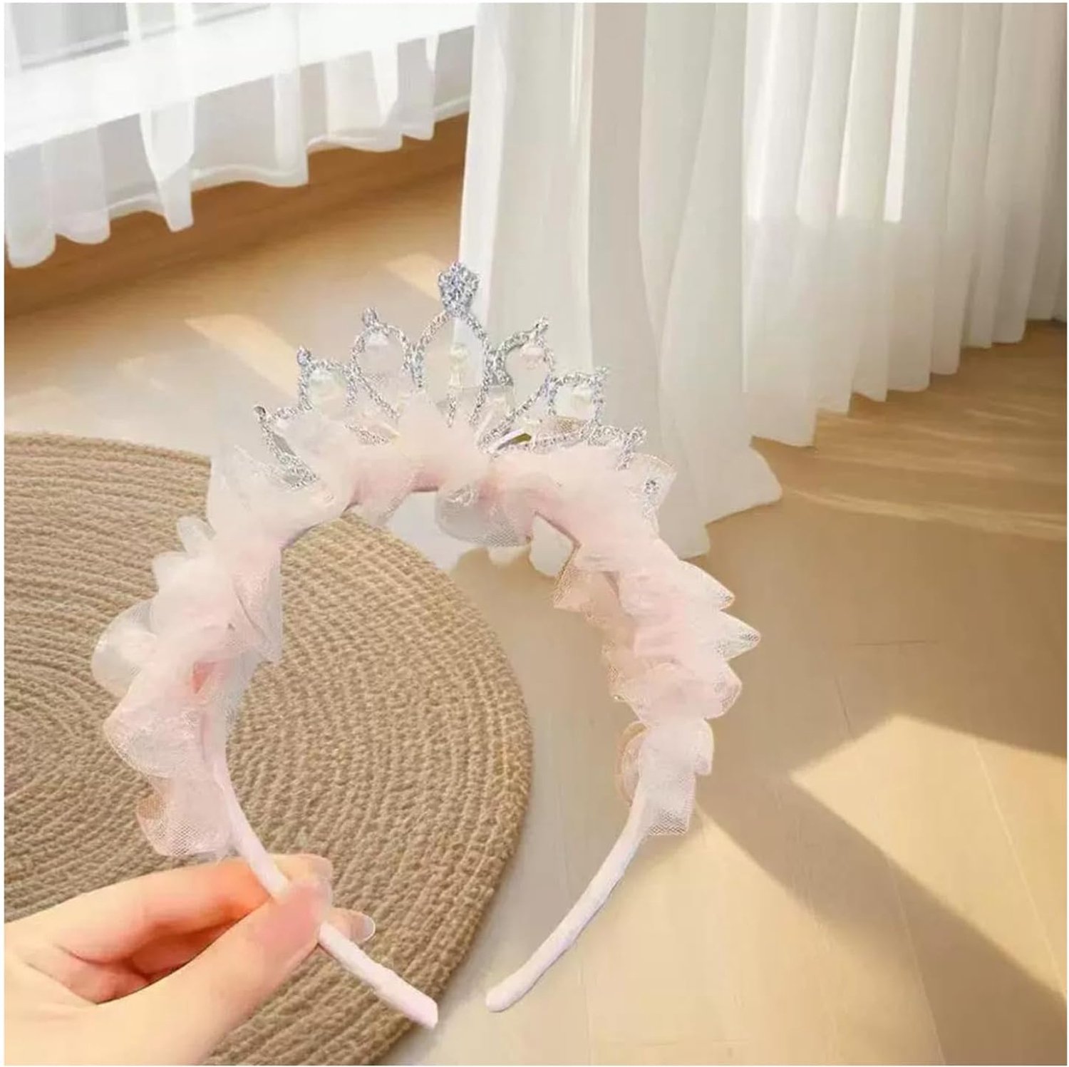Prinsessenkroon, haarband voor meisjes, kroon, haarband met parels, tule, haarbanden, glinsterende kristallen kroon, verjaardag, meisjes, prinses, hoofdband, haaraccessoires voor kinderen