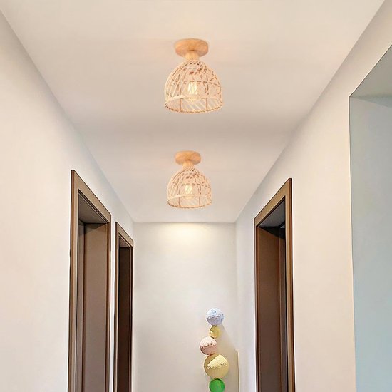 Set van 2 vintage natuurlijke bamboe plafondlamp, plafondlamp met rotan lampenkap, E27 verlichting, decoratie, houten kroonluchter voor slaapkamer, entree, hal, keuken, eetkamer — afbeelding 5