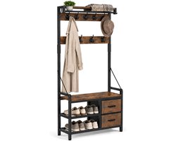 Govic® kapstok met Schoenenrek industrieel - Met Zitbank - Kapstok staand - halmeubel - kapstok zwart - Vintage bruin -