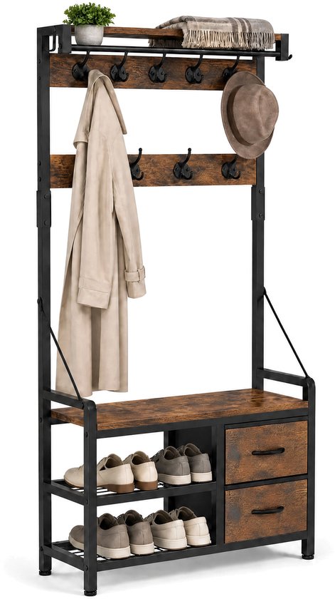 Industriële kapstok met schoenenrek en zitbank, vintage bruin met zwart metaal, met 2 lades, hangende jas, schoenen en hoed.