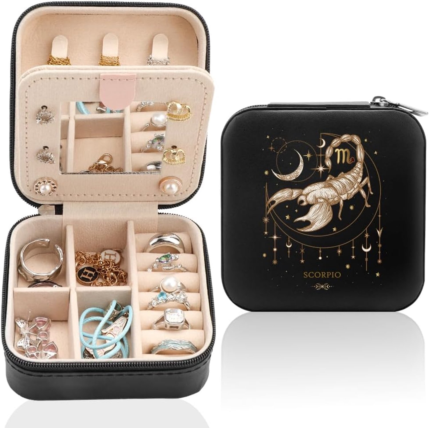 Gepersonaliseerde Reis-Sieradendoos met Spiegel, Compacte Sieradendoos met Sterrenbeeld, Draagbare Sieraden Organizer - ShopVlot