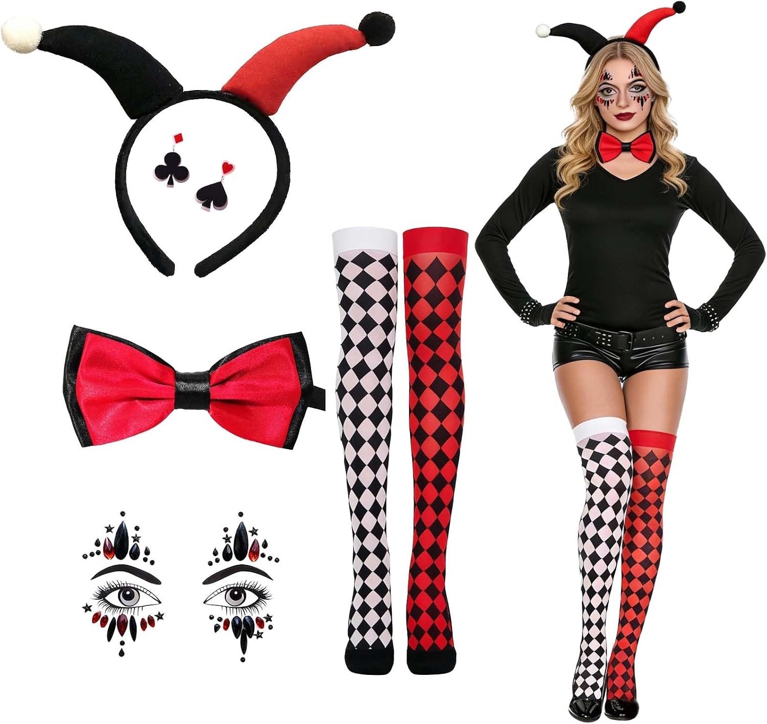 Uniek Harlequin Kostuum voor Vrouwen - Compleet Set met Hoofdband, Oorbellen, Masker en Sokken voor Halloween en Carnaval, Perfect voor Feest en Rollenspel