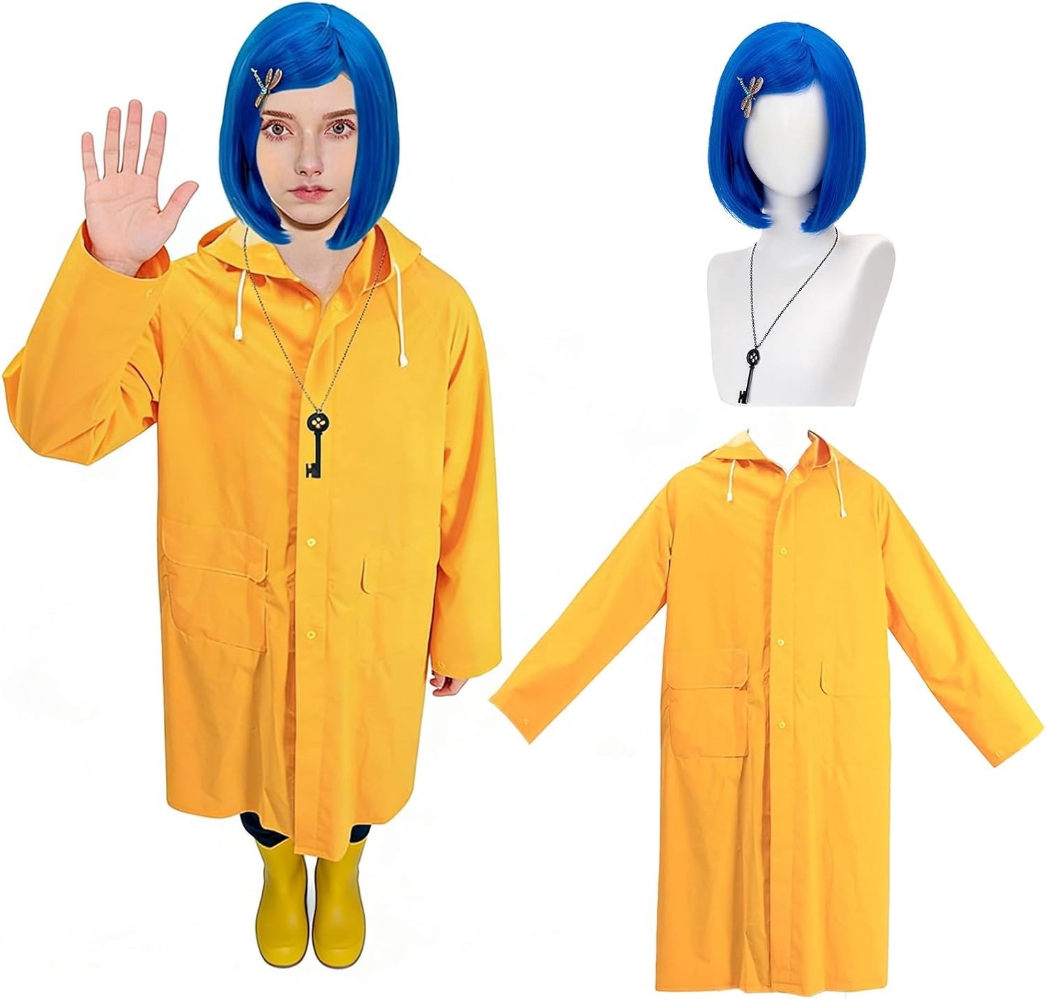Carnaval Kostuum Dames Gele Regenjas met Marineblauwe Peruk, Ketting en Libelle Haarspeld voor Halloween en Feestjes