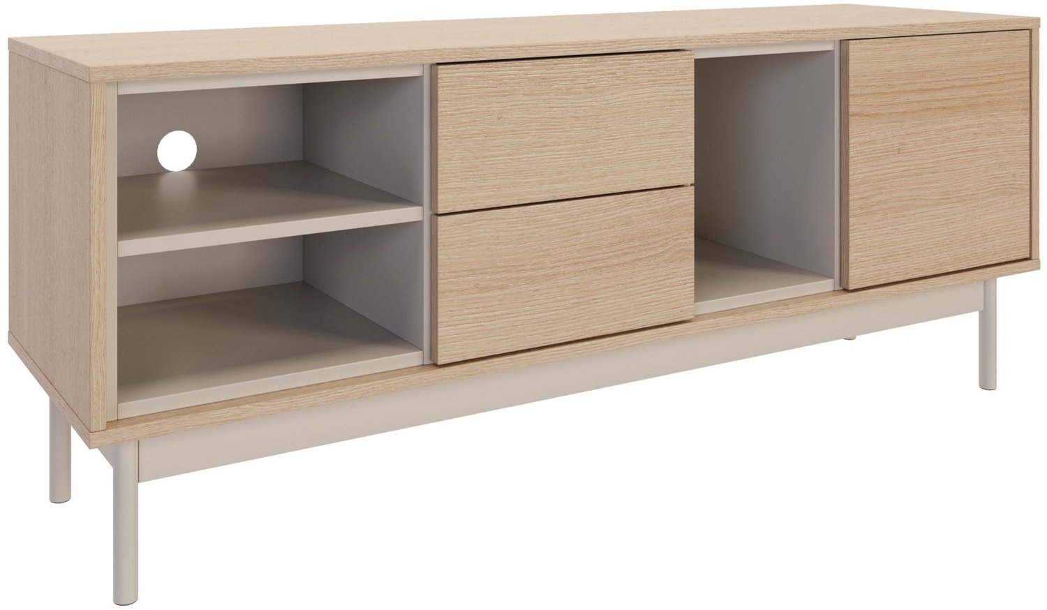 Selsey Layen – TV-meubel met twee lades en drie open vakken, eikenlook / cashmeregrijs kasjmiergrijs