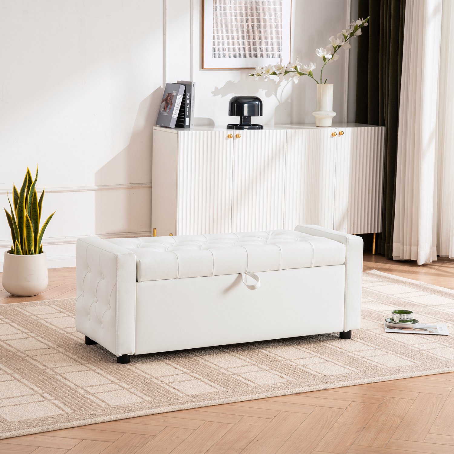 DESMIU Opbergbank 122 Cm - Verborgen Opbergruimte En Gecapitonneerde Zitting - Voor Slaapkamer Woonkamer En Hal - PU Leer Wit