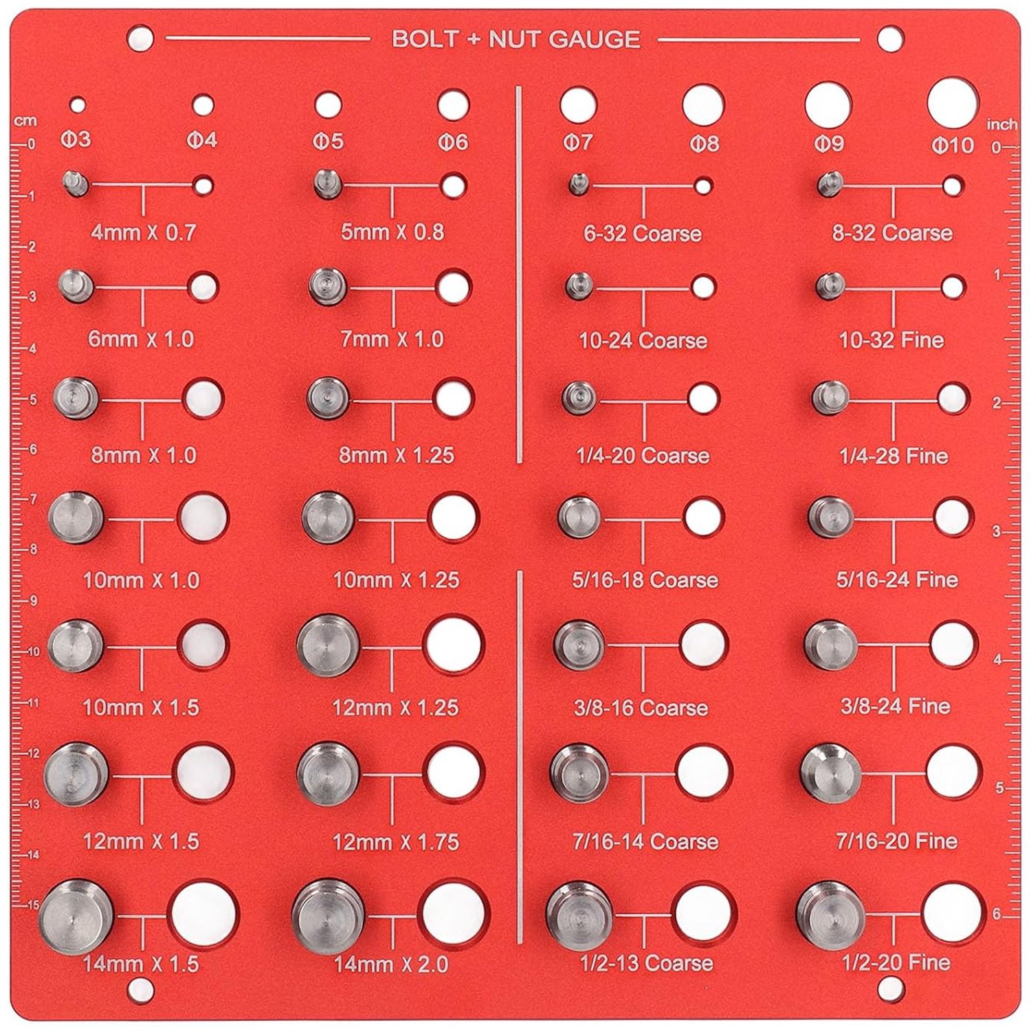Draadcontrole- en moerboutidentificatiemeter van aluminiumlegering met 28 draad- en 8 steekmaten, metrisch en imperiaal meetinstrument met schaal van 0-6 inch en boormaatmaten