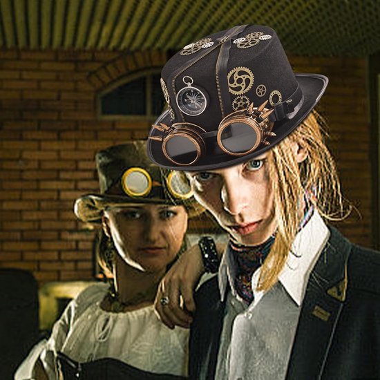 Steampunk Hoed - Steampunk-hoeden met bril, gotische vintage cosplay hoge hoed, aankleedaccessoire, Halloween-kostuum voor mannen, tijdreiziger outfit | Feestkleding voor volwassenen — afbeelding 5