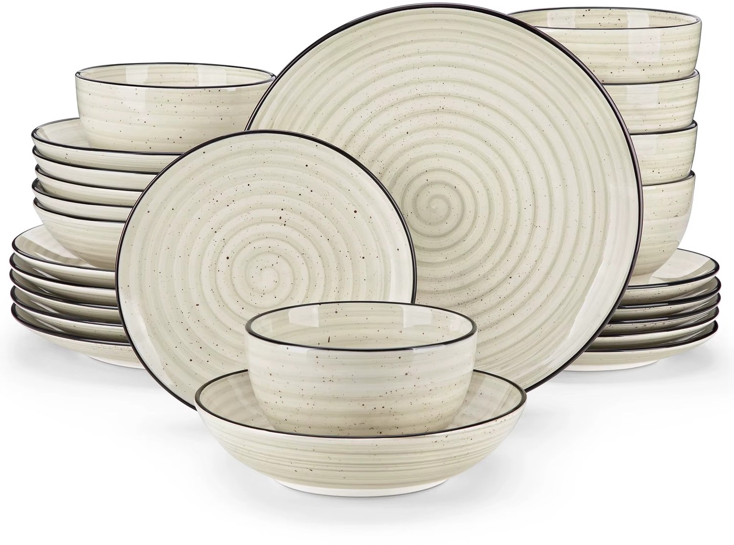 CreateEcom serviesset - serviesset 6 persoons - 24 Stuk Beige Borden - Diner Sets Keramisch Servieset Sets - Handbeschilderd Spiraal - Diner Plaat/Dessert/Soep/Bowl - beige