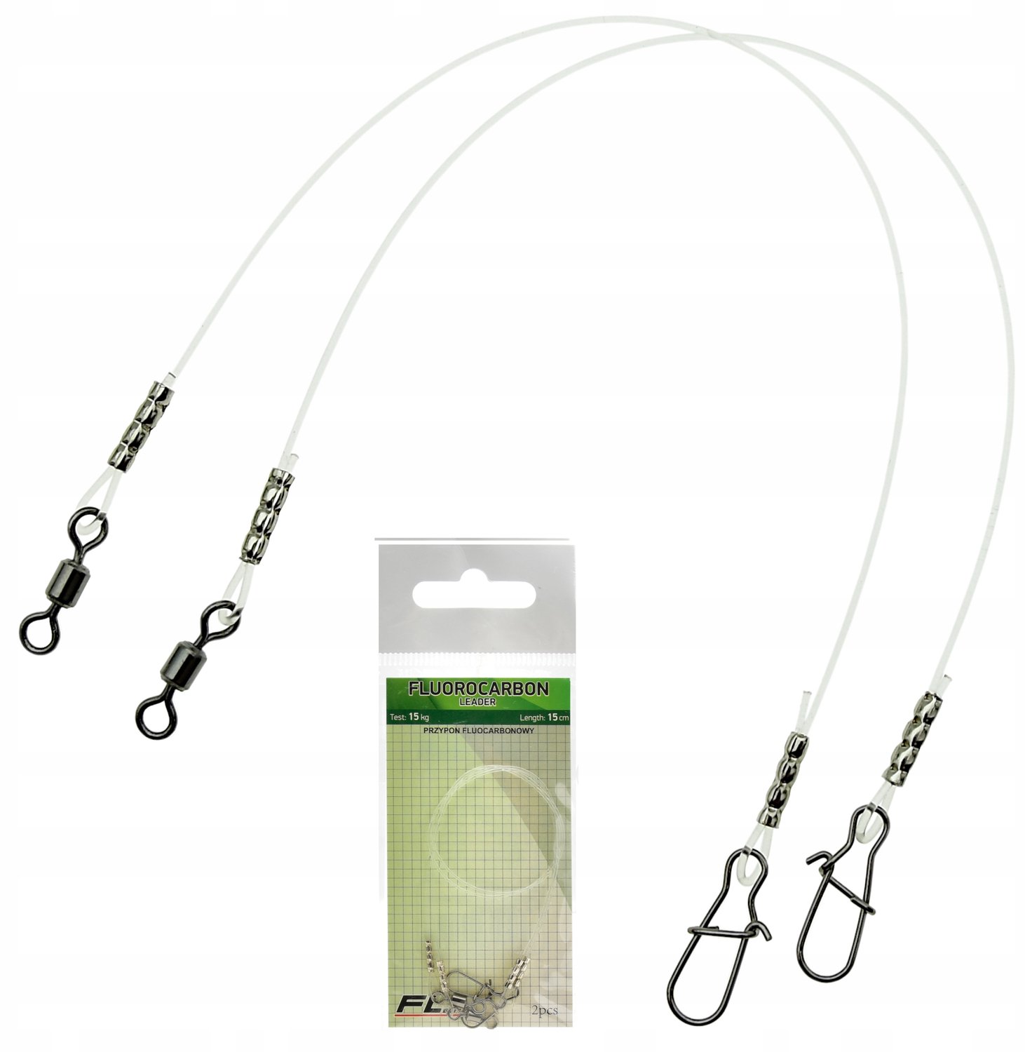 2x Fluorocarbon Onderlijnen 15cm 15kg met Swivel & Clip - Sterk