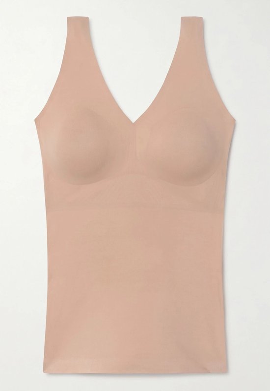 Huidkleurige tanktop met V-hals en ingebouwde cups.