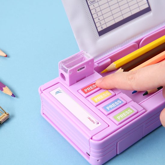 Pop-up multifunctionele etui voor meisjes en jongens, met 5 potloden, 1 gum, 1 puntenslijper en een schema, leuke cartoon pennenbox organizer briefpapier, beste cadeaus voor kinderen, Paars — afbeelding 3