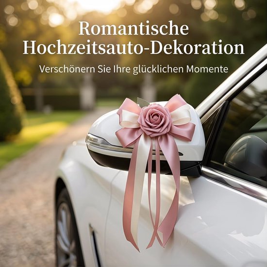 2 stuks autostrikken met zijden bloemen, bruiloftsstrikken, satijnen lint, bruiloft, autosieraden, bruiloftsauto, strikken, bruiloftsdecoratie voor bruidsauto, bruiloftsfeest, zwart/wit — afbeelding 3