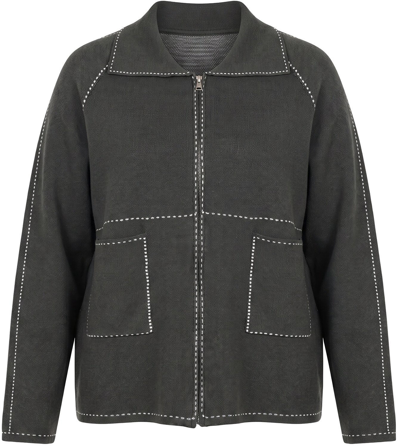 Ulla Popken - Dames - Vest overhemdkraag rits lange mouwen - Olijfgrijs - Maat 42+