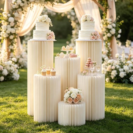 5 stuks opvouwbare papieren zuilen, taartstandaard, witte cilindersokkel voor bruiloft, feest en evenementen, decoratieve zuilen voor taarten, bloemen en tafeldecoratie, Ø 30 × H 20/40/60/80/100 cm — afbeelding 2