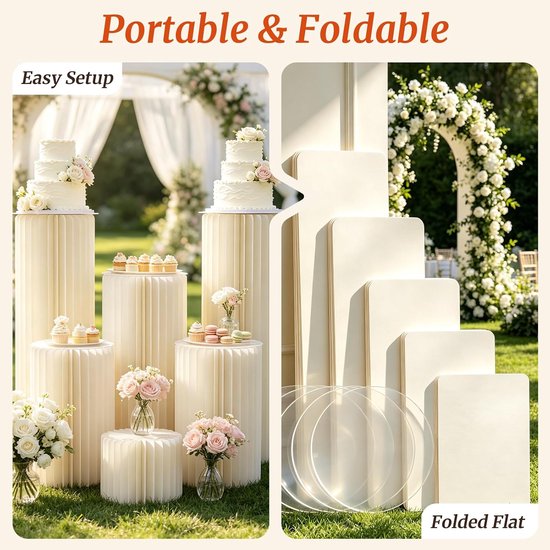 5 stuks opvouwbare papieren zuilen, taartstandaard, witte cilindersokkel voor bruiloft, feest en evenementen, decoratieve zuilen voor taarten, bloemen en tafeldecoratie, Ø 30 × H 20/40/60/80/100 cm — afbeelding 3