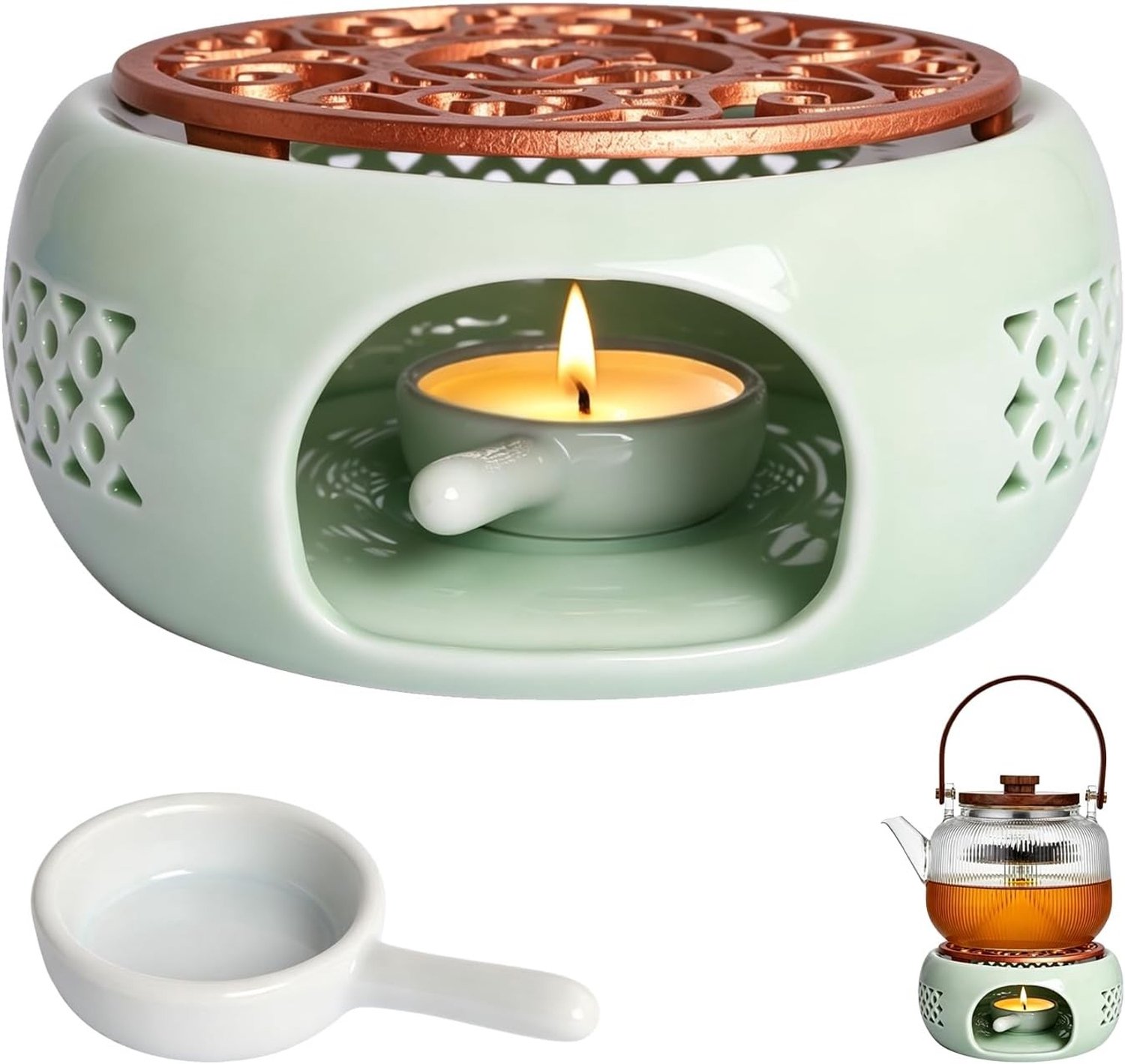 Keramische Theewarmer - Groen - 14,7 x 6 cm - Met Kaarsenhouder en Gietijzeren Mat - Voor Thuis en Kantoor