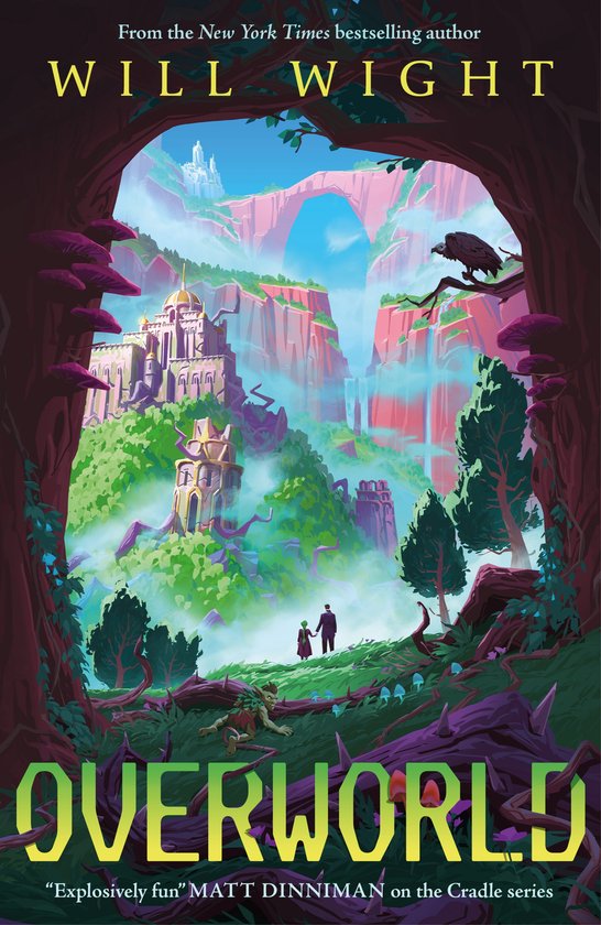 Boekomslag van 'Overworld' van Will Wight, met een fantasielandschap met kastelen en watervallen, met twee kleine figuren op de voorgrond.
