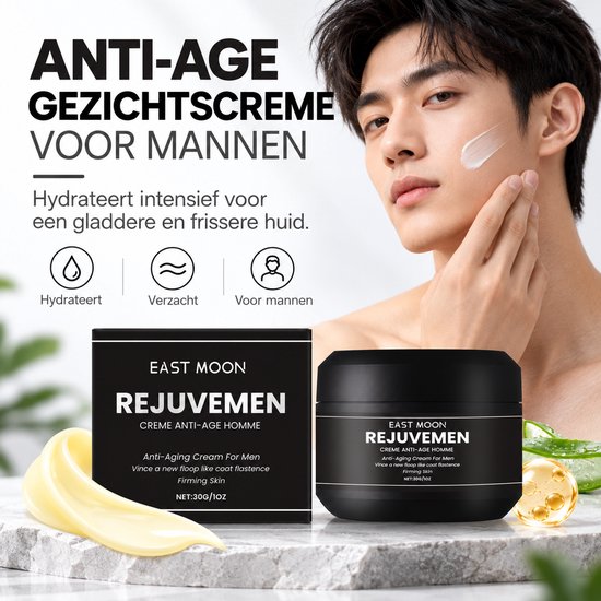 Man met crème op zijn wang naast een pot en doos East Moon Rejuvemen anti-age gezichtscrème op marmeren ondergrond.