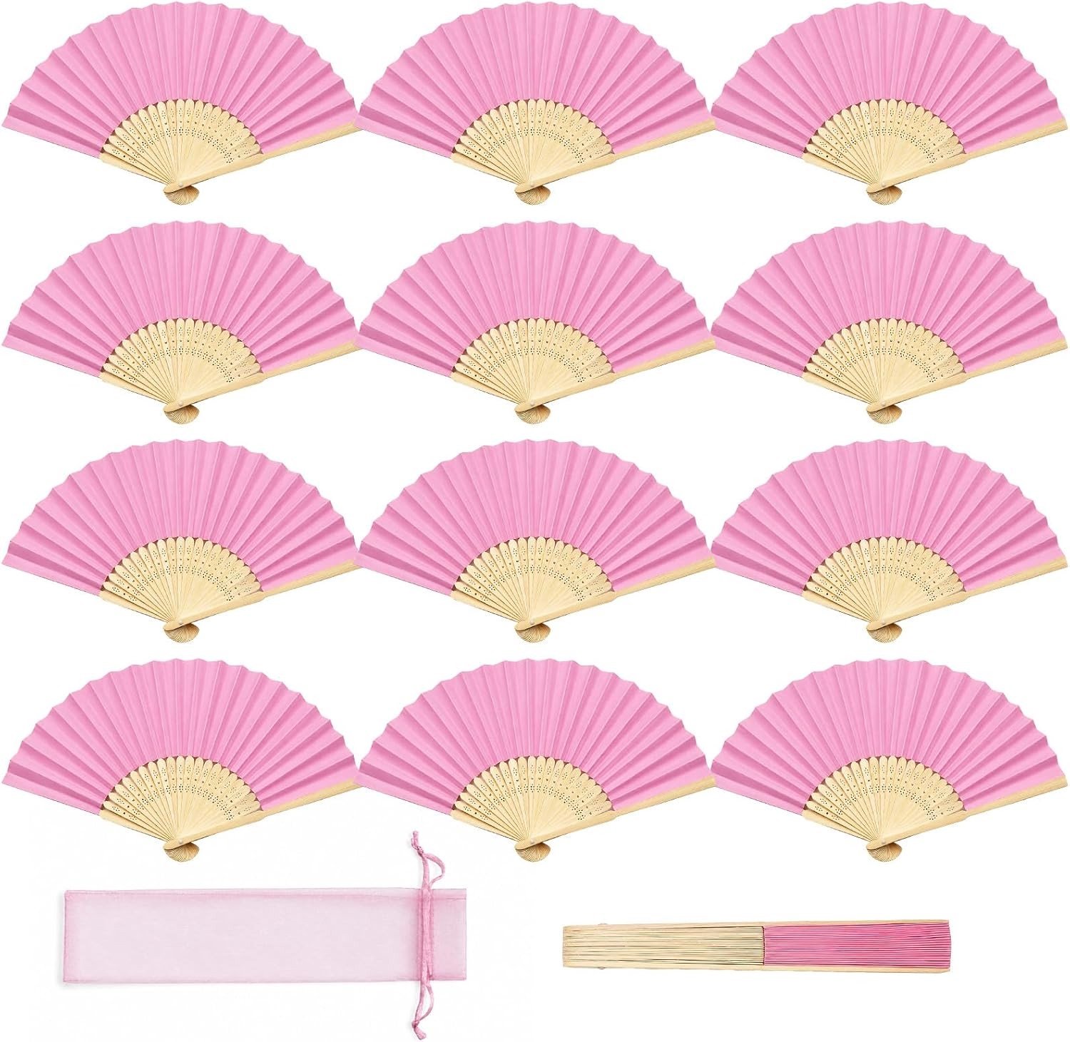 Elegante Handventilators voor Bruiloften - 12 Stuks Roze Feestventilatoren voor Zomerbruiloften en Ceremonies