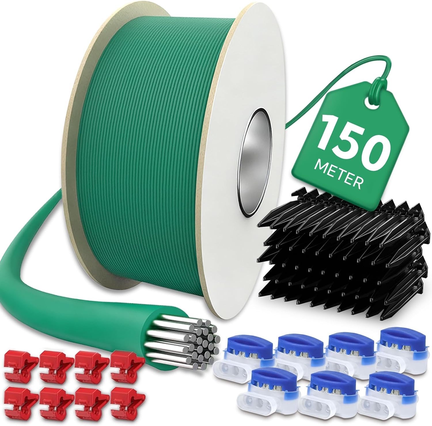 150 meter limietkabel voor robotmaaier met 12 kabelverbinders, 12 terminalklemmen en 100 pennen - accessoires voor robotmaaiers, kabelset voor tuinonderhoud en gazonverzorging