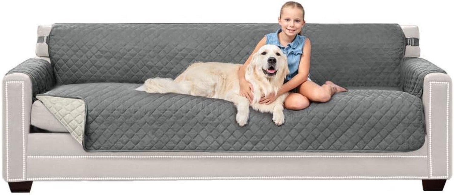 Sofa Shield Bank Slip Cover met gepatenteerde riem, kussenhoezen, omkeerbare vlekken en honden, scheurbestendige slipcover, gewatteerde microvezel 223,5 cm zitting, wasbare hoezen voor honden