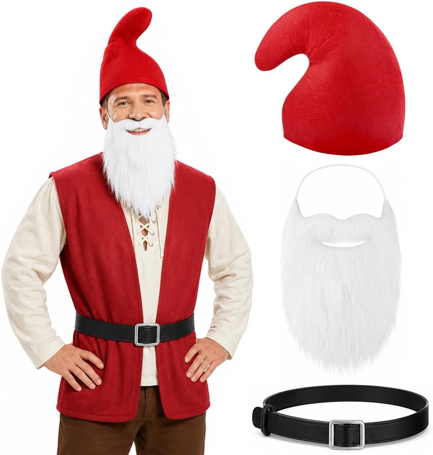 Dwergkostuum, set van 3, puntige muts, dwergriem en kerstwitbaard