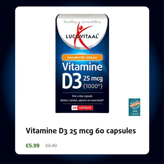 Doosje met "Lucovitaal Vitamine D3 25 mcg (1000IE) 60 CAPSULES" in het Nederlands, met "Gekozen merk van het jaar 2026".