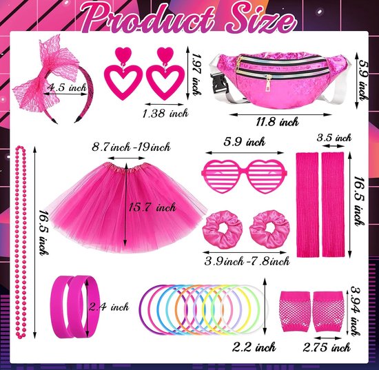 26 stuks jaren 80-kostuum, feestoutfit disco, neon uit de jaren 90, T-shirt, tutu, armband, heuptas, bril, armband, halskettingen, beenwarmers, outfit jaar, themafeest, carnaval, dames — afbeelding 4