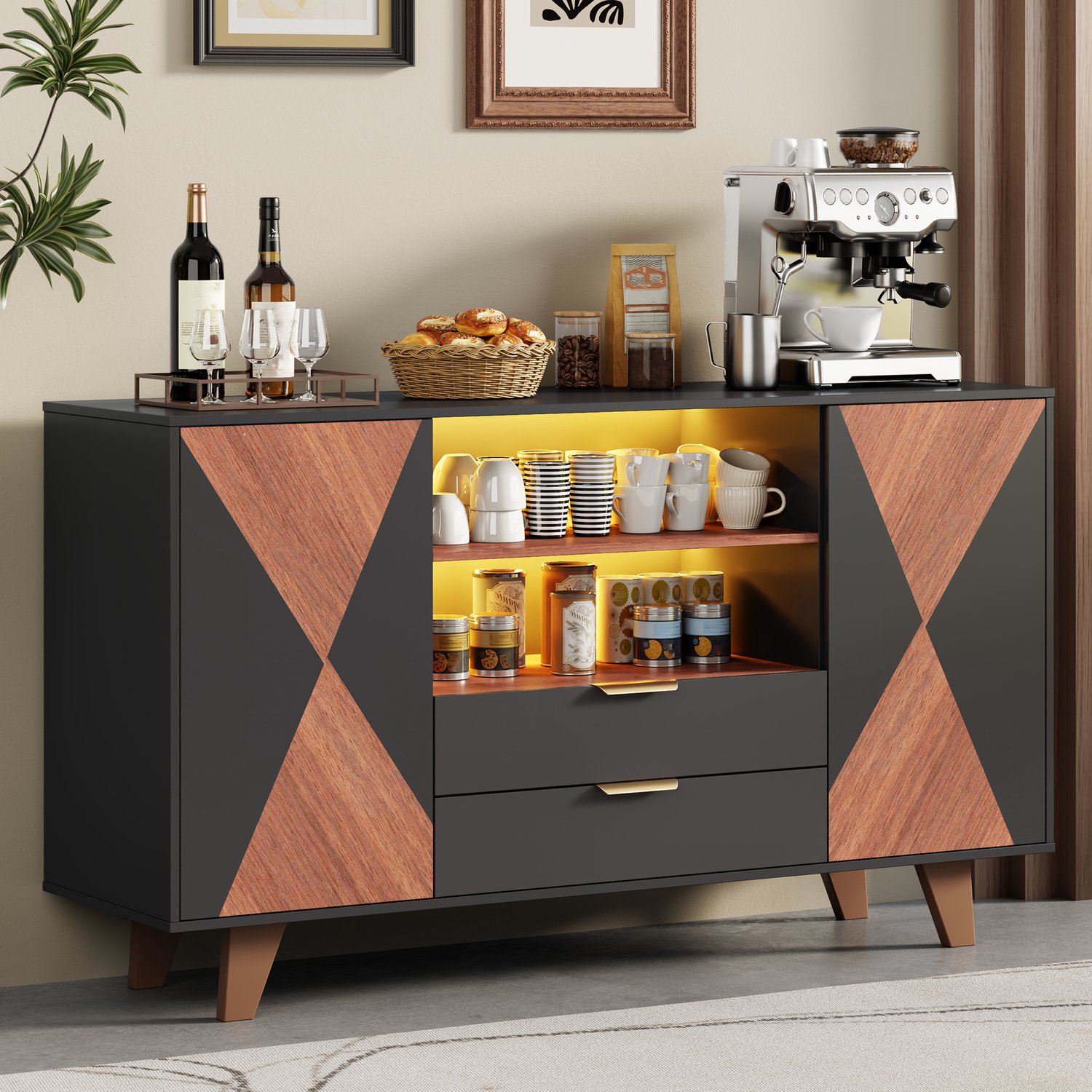 Keukenkast - Ledverlichting En Verstelbare Planken - Met Lades Voor Keuken En Woonkamer - MDF - 150x40x90 Cm - Naturel Zwart