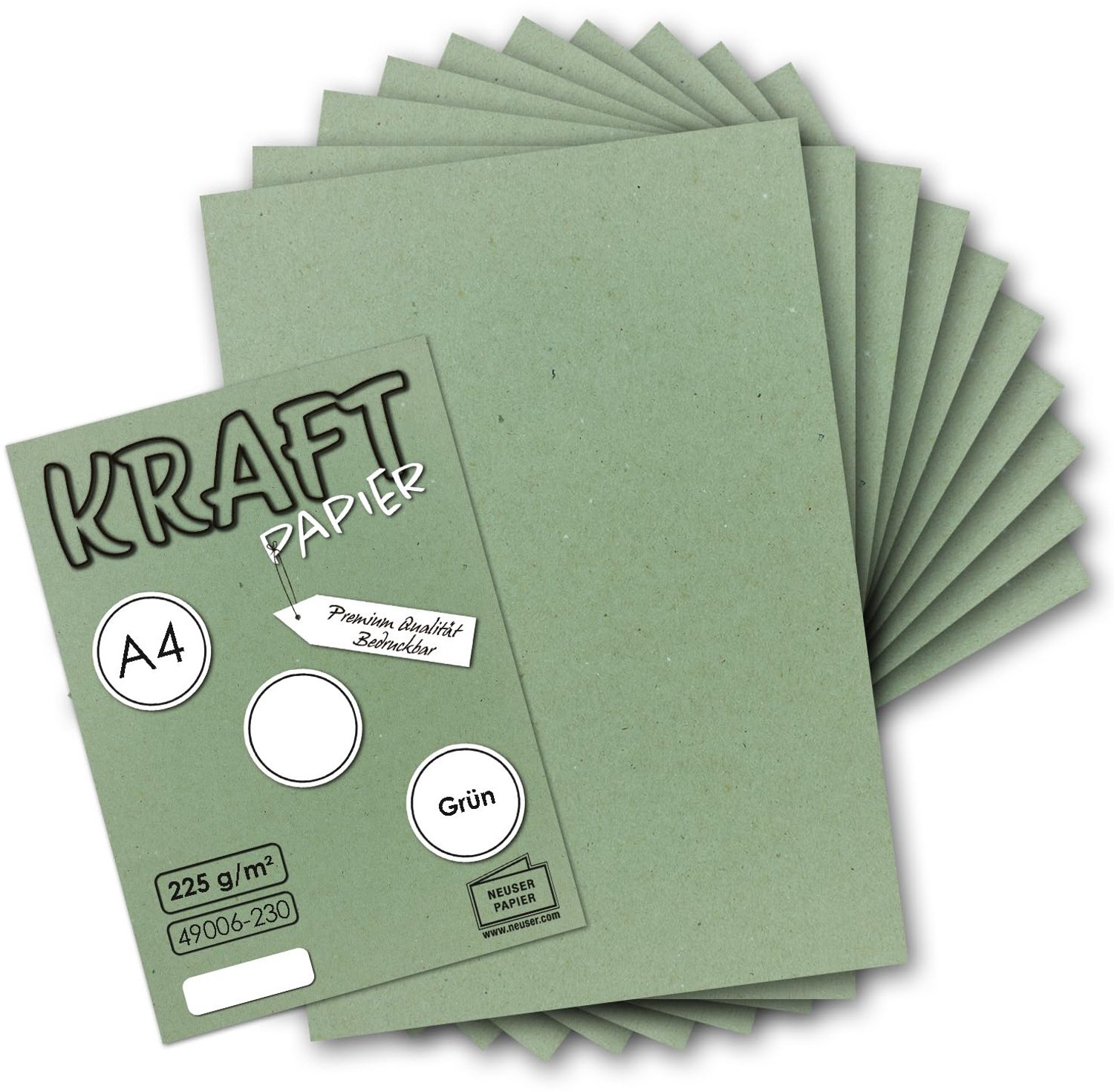 NEUSER PAPER 100x Vintage kraftpapier in groen - DIN A4 21 x 29,7 cm - 210 x 297 mm - 240 g/m² natuurlijk groen gerecycled papier, ecologisch knutselk
