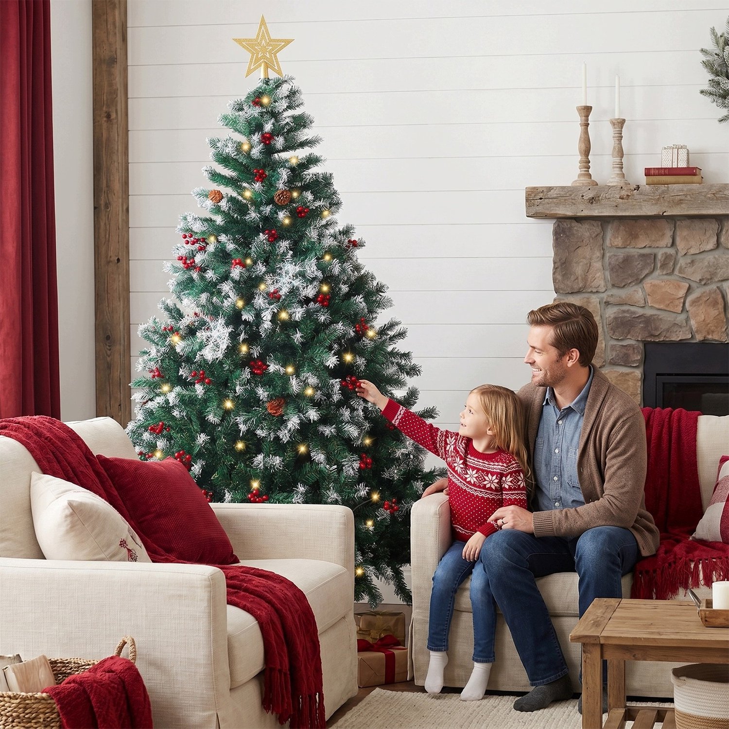 ANNA 210cm Kunstkerstboom met LED – Realistische Sneeuwlook, Met Ster Top & Dennenappels – Metalen Standaard - Groen – foto 7