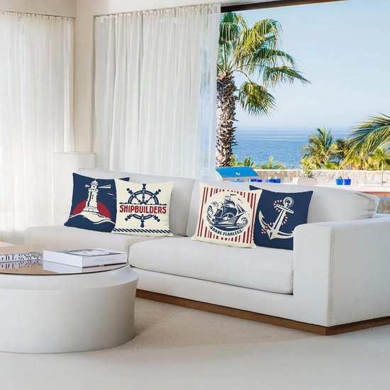 Zomers nautisch kussenslopen 45 x 45 cm, boot anker stuur vuurtoren rood marineblauw decoratieve kussenhoezen sierkussenslopen voor bank woonkamer thuis set van 4 — afbeelding 3