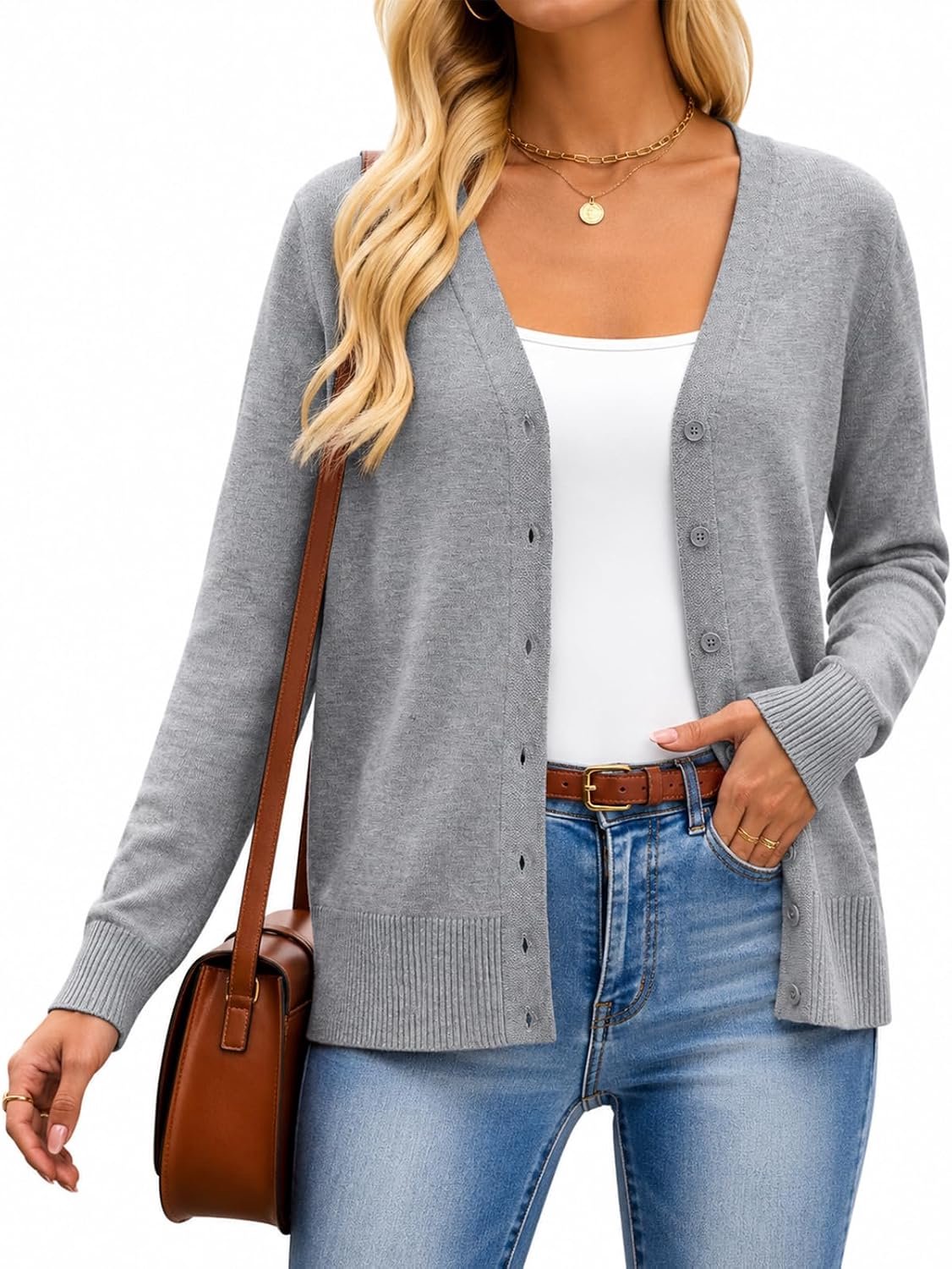 Gebreid vest voor dames, kort gebreid vest, V-hals, knoopsluiting, open voorkant, gebreide trui, dagelijks gebruik, vrije tijd, lange mouwen, cardigan voor herfst en zomer