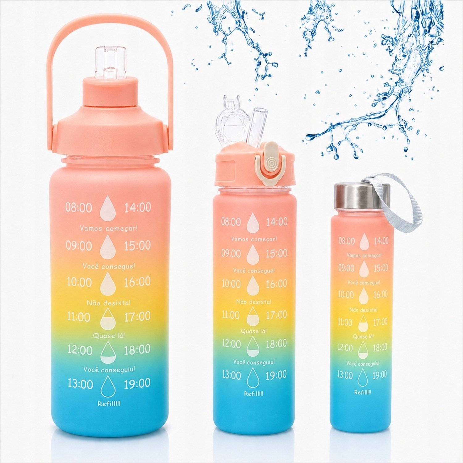 Set van 3 Ombre Waterflessen met Maatverdeling - 2L, 900ml, 500ml