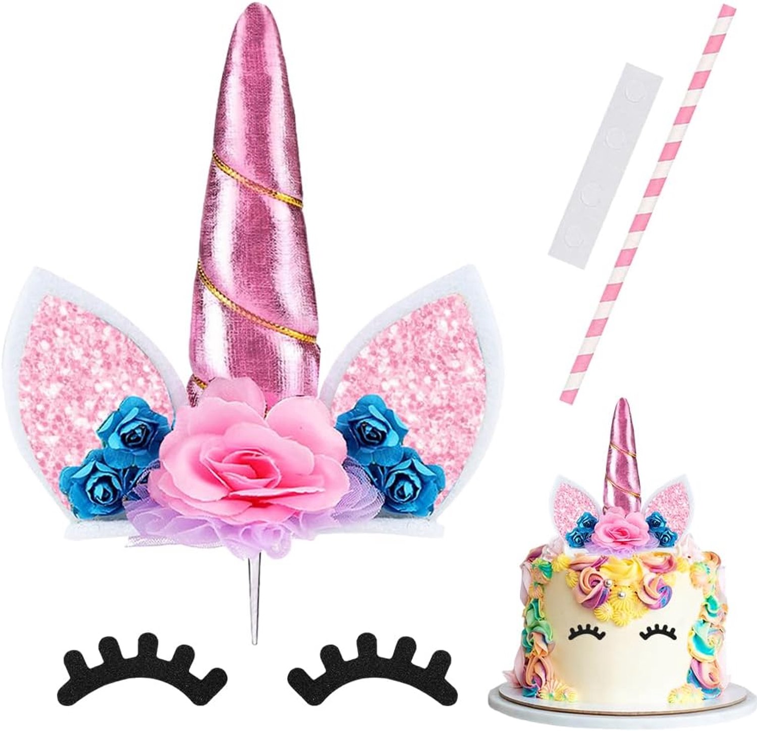 Eenhoorn taartdecoratie, taarttopperset, eenhoorn, taartdecoratie met wimpers en kleine rietjes, feesttaart, decoratiebenodigdheden, cupcake-decoratie voor feestartikelen, verjaardag, bruiloft