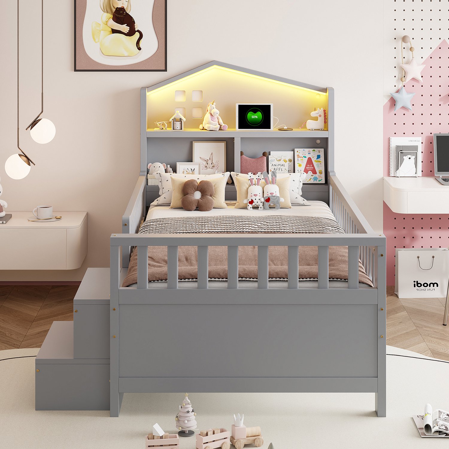 Merax Kinderbed 90x200 cm - met veiligheidsreling en lade - met trap - met LED-verlichting - met USB- en Type-C-oplaadpoort - grijs - zonder matras