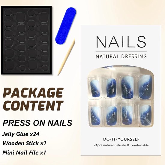 24 stuks vingernagels om op te plakken, middelhoekig, blauw kleurverloop, valse nagels, Franse press-on nagels met wit golvend design, volledige cover plaknagels, acryl kunstnagels voor vrouwen, nail — afbeelding 2