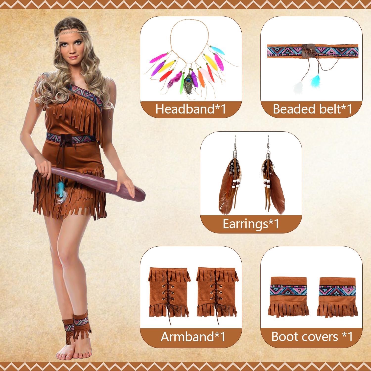 Indianenkostuum voor dames, indianenkostuum voor dames, met veer haarband, armband en voetenzak, voor cosplay, carnaval, kostuum