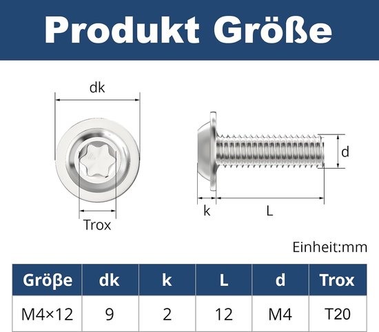 20 stuks M4 x 12 mm lenskopschroeven met flens torxaandrijving roestvrij staal A2 V2A schroeven volledige schroefdraad met torx-sleutel — afbeelding 2