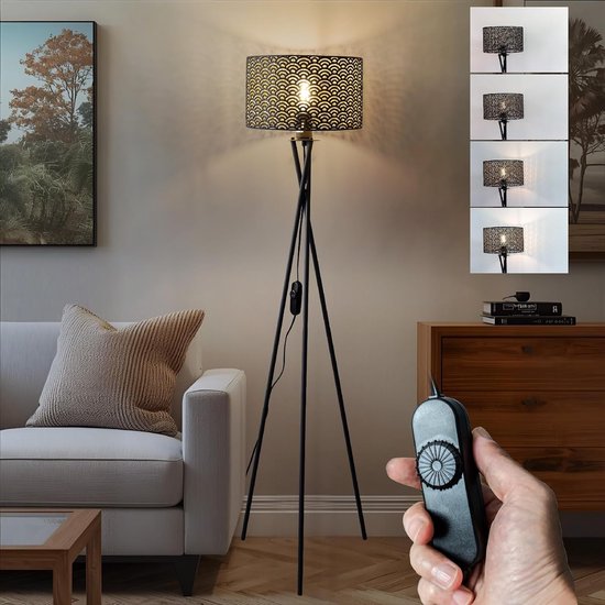 Vintage led-vloerlamp, driepoot, met dimbare schakelaar, retro staande lamp met E27 lampfitting, metalen ruitpatroon, kap — afbeelding 3