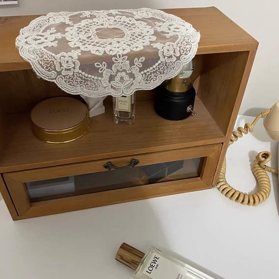 2 stuks Retro Franse kant placemats, prachtige bloemen geborduurde ronde tafelkleden Onderzetters Vaasmat voor huisdecoratie (roomwit, Diameter 27 cm) — afbeelding 2